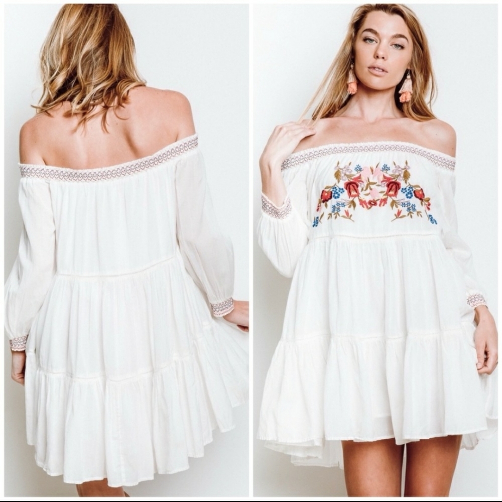 🤍Free People🤍Sunbeams Off-Shoulder Ivory Dress